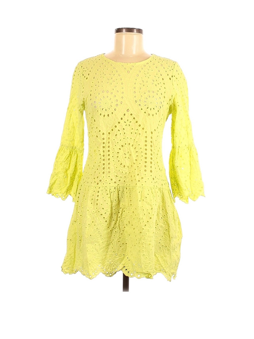 MISSLOOK Yellow Eyelet Bell Sleeve Mini Dress
